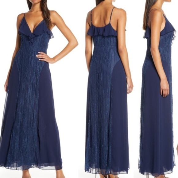 Foxiedox NWT Pintuck Lace Chiffon Maxi Dress Navy Blue Size Small - Picture 2 of 10